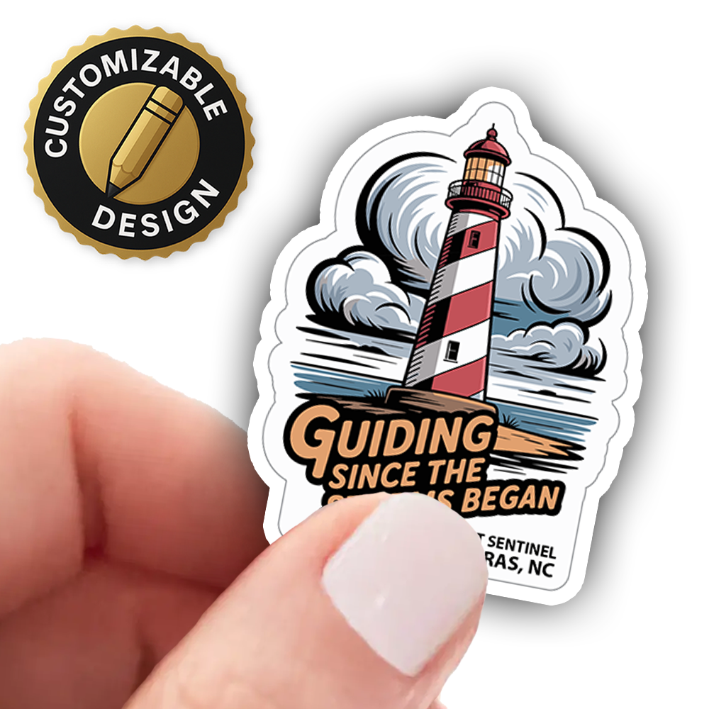 Lighthouse Sticker – Bold Stormy Coast Art, “Guiding Since the Storms Began” Nautical Vinyl Decal for Ocean & Sailor Lovers