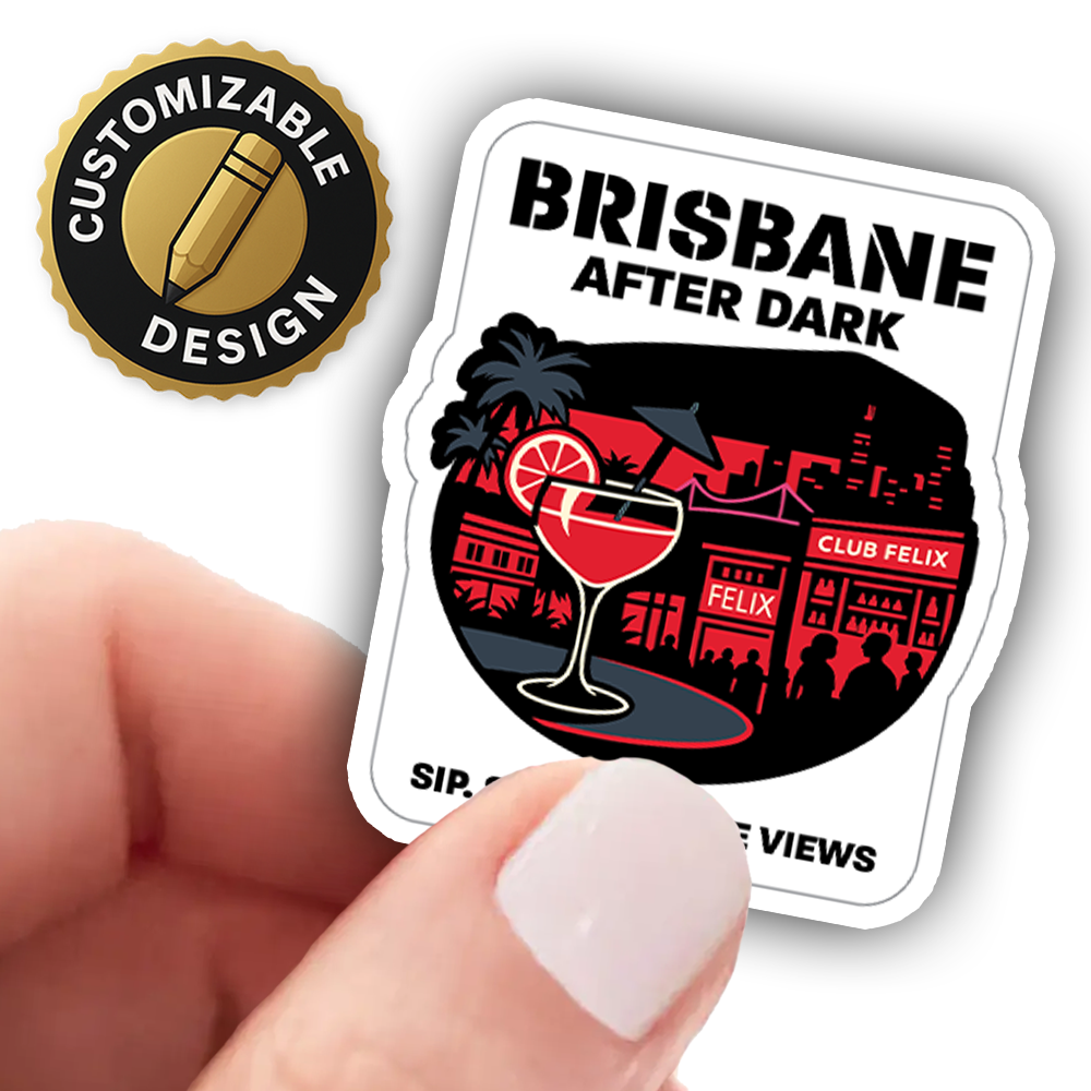 Brisbane After Dark Sticker – Nightlife Cityscape Art with Cocktail Vibes, Club Felix Neon Skyline Vinyl Decal