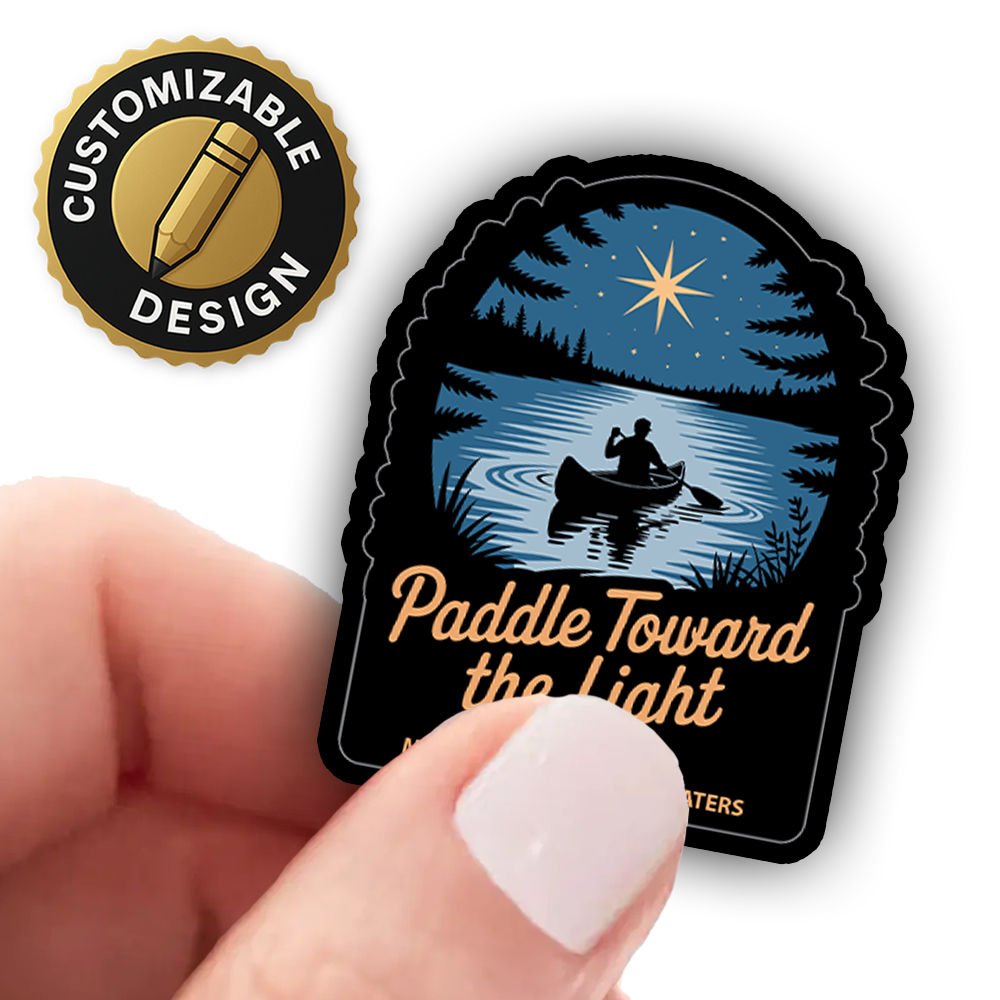 Paddle Toward the Light Sticker – Night Canoe Scene with North Star, Inspirational Wilderness Vinyl Decal for Outdoor Lovers