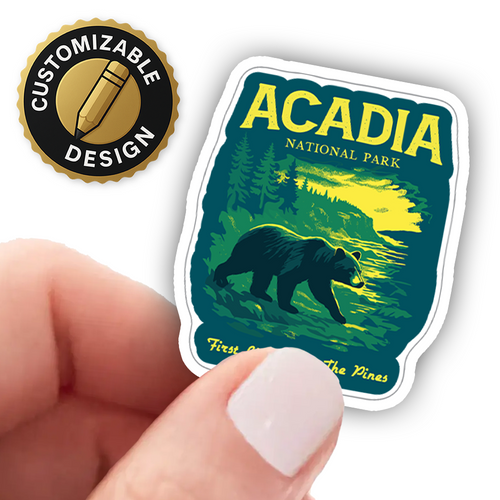 Acadia National Park Sticker – Bear and Sunrise Design, First Light Over the Pines, Nature Hiking Adventure Decal