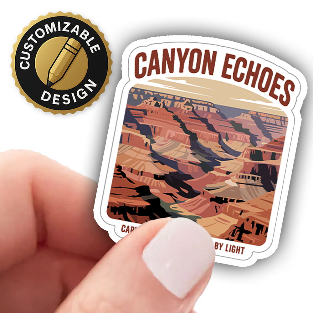 Canyon Echoes Sticker – Grand Canyon Landscape Art, Desert Vista Vinyl Decal with “Carved by Time” Travel Quote