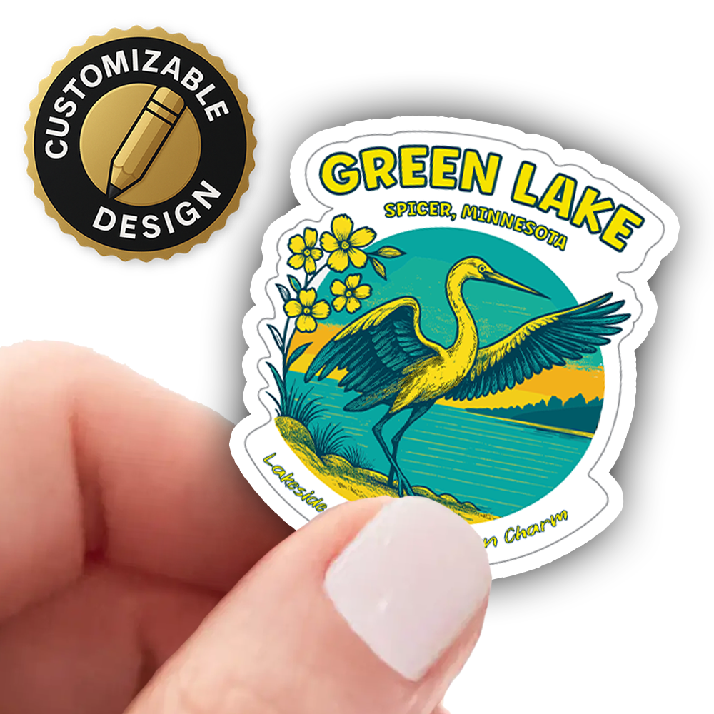 Green Lake Minnesota Sticker – Spicer Heron Art, “Lakeside Calm” Midwestern Nature Scene Vinyl Decal for Travel & Bird Lovers