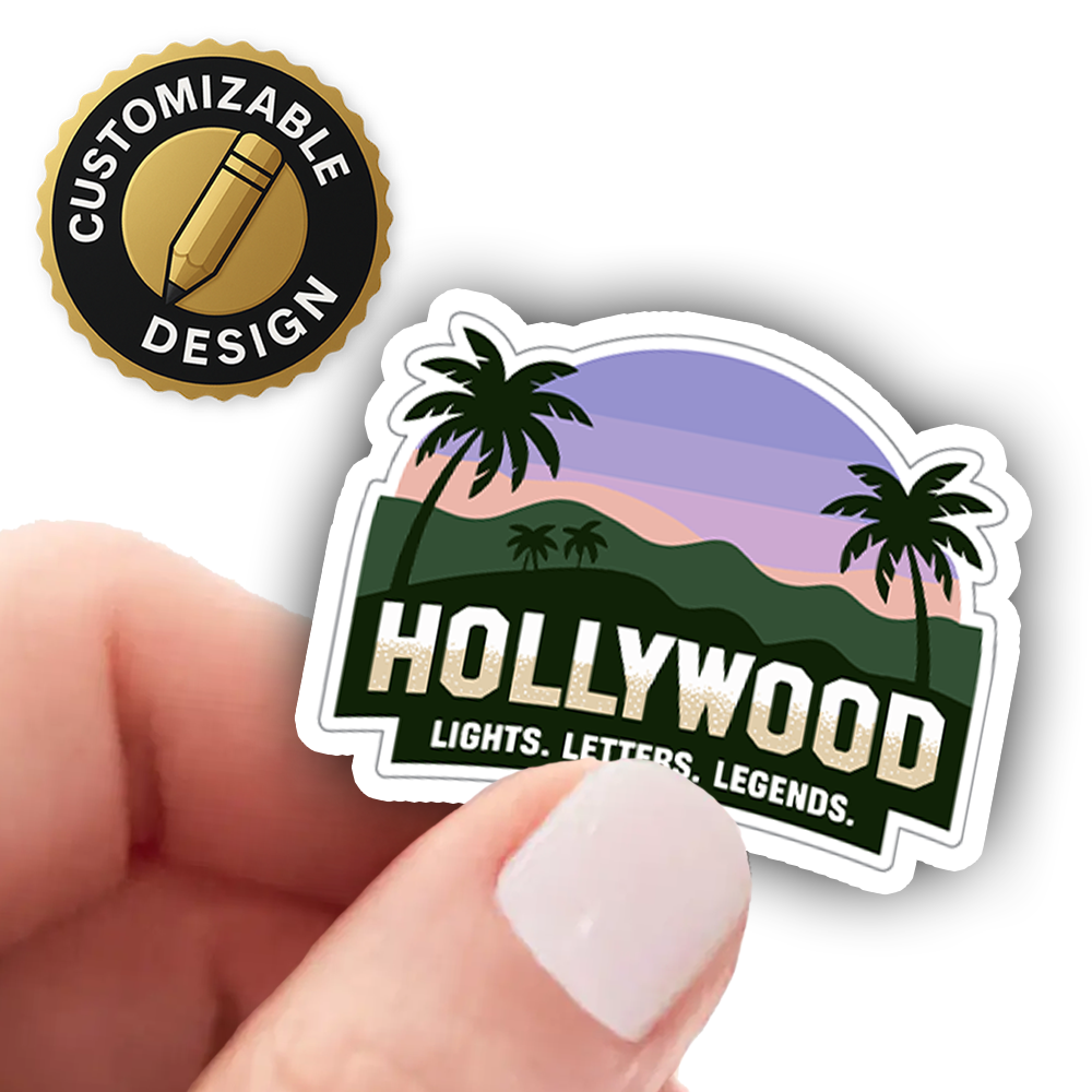 Hollywood Sticker – Sunset Palms & Hills Design, “Lights. Letters. Legends.” California Travel Vinyl Decal for Movie Lovers
